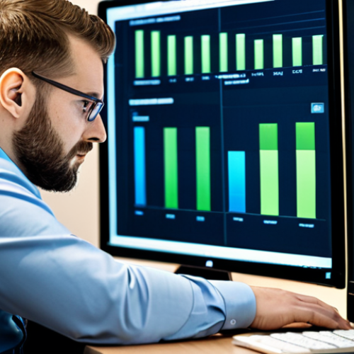 A professional male database administrator, focused and engaged, sitting at a desk in a modern, well-lit data center. He is viewing multiple screens displaying database performance metrics, complex graphs, and log data. He wears a modest business casual shirt and trousers, fully clothed, appropriate attire. The server racks are visible in the background, subtly blurred. The scene conveys expertise and deep analytical thought. Natural pose, perfect anatomy, correct proportions, well-formed hands, proper finger count, natural body proportions. High-resolution professional photography, crisp focus, subtle ambient lighting. Safe for work, appropriate content, professional.
