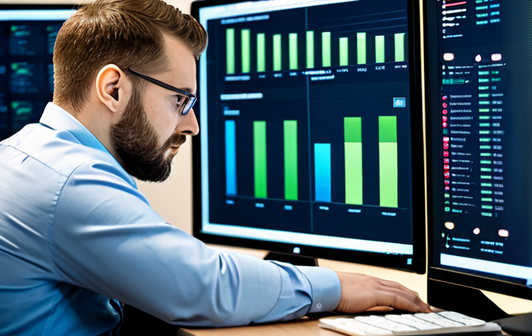 A professional male database administrator, focused and engaged, sitting at a desk in a modern, well-lit data center. He is viewing multiple screens displaying database performance metrics, complex graphs, and log data. He wears a modest business casual shirt and trousers, fully clothed, appropriate attire. The server racks are visible in the background, subtly blurred. The scene conveys expertise and deep analytical thought. Natural pose, perfect anatomy, correct proportions, well-formed hands, proper finger count, natural body proportions. High-resolution professional photography, crisp focus, subtle ambient lighting. Safe for work, appropriate content, professional.