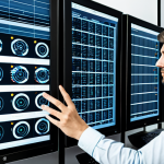 A focused data analyst, fully clothed in a professional business casual shirt, reviewing complex database metrics on multiple large screens in a modern, well-lit data center. The scene emphasizes proactive monitoring and data analysis, with a clean and organized aesthetic. The subject is in a natural pose, with perfect anatomy, correct proportions, well-formed hands, and proper finger count. Professional photography, high-resolution, sharp focus, safe for work, appropriate content, modest clothing, family-friendly.