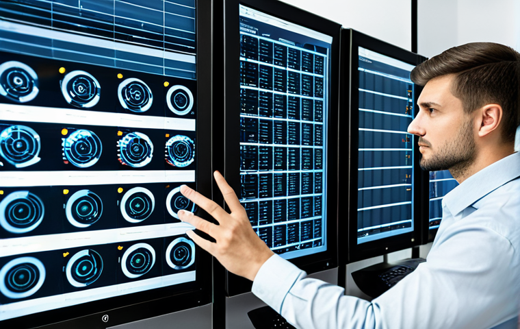 A focused data analyst, fully clothed in a professional business casual shirt, reviewing complex database metrics on multiple large screens in a modern, well-lit data center. The scene emphasizes proactive monitoring and data analysis, with a clean and organized aesthetic. The subject is in a natural pose, with perfect anatomy, correct proportions, well-formed hands, and proper finger count. Professional photography, high-resolution, sharp focus, safe for work, appropriate content, modest clothing, family-friendly.
