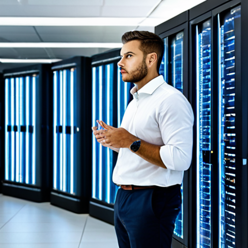 A focused male IT professional in a modest business casual shirt and trousers, standing in a well-lit modern data center office. He is looking at a large holographic display visualizing complex database queries and data flow, with a prominent 'slow' indicator on the screen. His expression is serious and analytical, as if identifying a bottleneck. professional dress, safe for work, appropriate content, fully clothed, perfect anatomy, correct proportions, natural pose, well-formed hands, proper finger count, natural body proportions, professional photography, high quality.