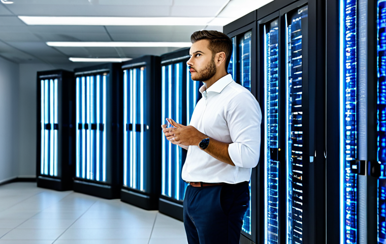 A focused male IT professional in a modest business casual shirt and trousers, standing in a well-lit modern data center office. He is looking at a large holographic display visualizing complex database queries and data flow, with a prominent 'slow' indicator on the screen. His expression is serious and analytical, as if identifying a bottleneck. professional dress, safe for work, appropriate content, fully clothed, perfect anatomy, correct proportions, natural pose, well-formed hands, proper finger count, natural body proportions, professional photography, high quality.