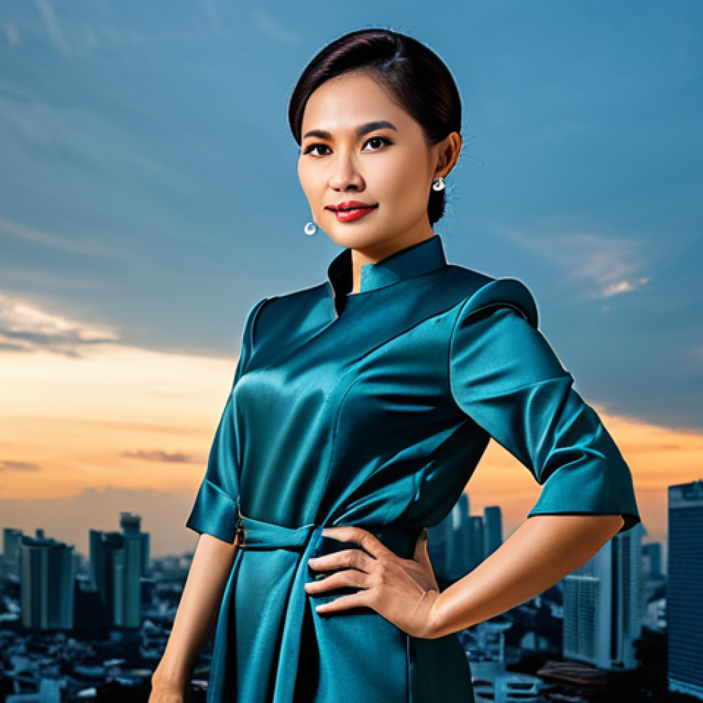**
A professional Thai businesswoman in a modest, elegant silk dress, standing confidently in front of the Bangkok skyline at sunset. Fully clothed, appropriate attire, safe for work, perfect anatomy, natural proportions, professional photography, high quality. Family-friendly.
**