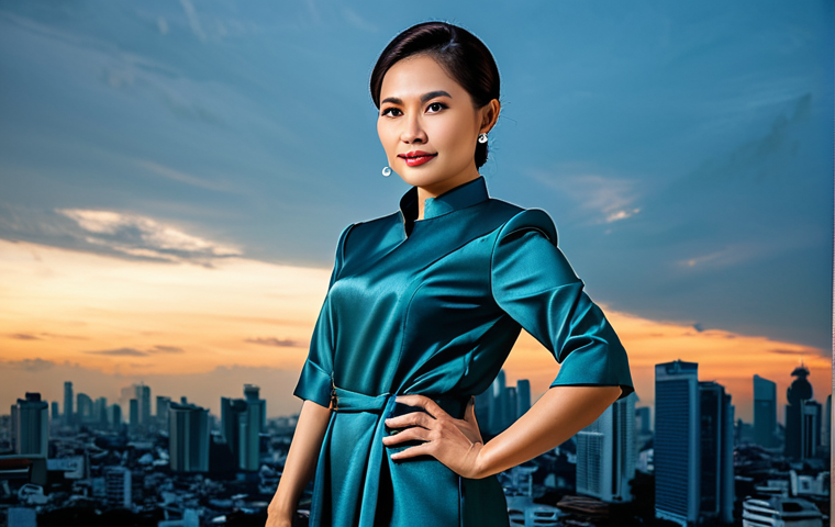 **
A professional Thai businesswoman in a modest, elegant silk dress, standing confidently in front of the Bangkok skyline at sunset. Fully clothed, appropriate attire, safe for work, perfect anatomy, natural proportions, professional photography, high quality. Family-friendly.
**