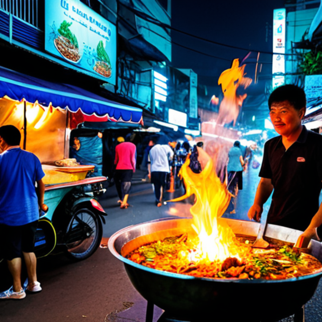 Bustling Bangkok Street Food Scene**
"A vibrant and chaotic Bangkok street food market at night, filled with vendors cooking delicious Thai dishes. Glowing food stalls, steam rising, colorful signs in Thai script, lots of people, tuk-tuks passing by. Capture the energy and deliciousness. High detail, realistic." (safe for work, appropriate content, fully clothed, professional photography)
**