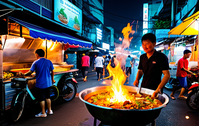 Bustling Bangkok Street Food Scene**
"A vibrant and chaotic Bangkok street food market at night, filled with vendors cooking delicious Thai dishes. Glowing food stalls, steam rising, colorful signs in Thai script, lots of people, tuk-tuks passing by. Capture the energy and deliciousness. High detail, realistic." (safe for work, appropriate content, fully clothed, professional photography)
**