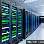최적의 데이터베이스 클러스터 구성 방법 - A detailed, high-tech data center room featuring multiple servers arranged in an Active-Active clust...