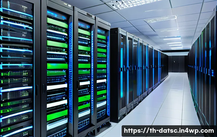 최적의 데이터베이스 클러스터 구성 방법 - A detailed, high-tech data center room featuring multiple servers arranged in an Active-Active clust...