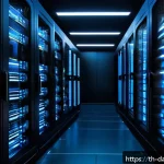 데이터베이스 성능 향상을 위한 스토리지 선택 - A high-tech modern data center interior featuring racks filled with NVMe SSD storage drives, glowing...