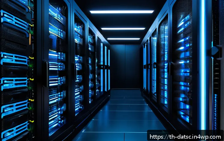 데이터베이스 성능 향상을 위한 스토리지 선택 - A high-tech modern data center interior featuring racks filled with NVMe SSD storage drives, glowing...