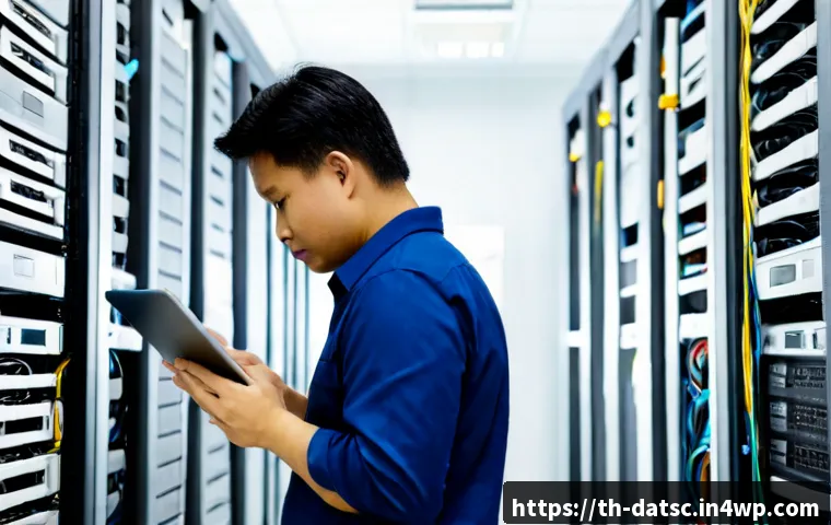 Home 13 데이터베이스 성능을 위한 하드웨어 최적화 - Photorealistic modern database server room in Bangkok, Thailand, close view of neatly aligned high-p...